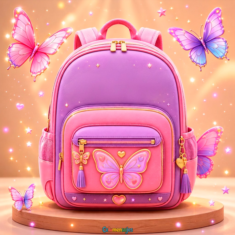 Mochila Escolar Rosa y Morada con Mariposas
