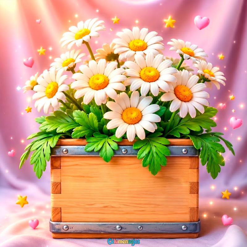 Caja de Madera con Margaritas Blancas