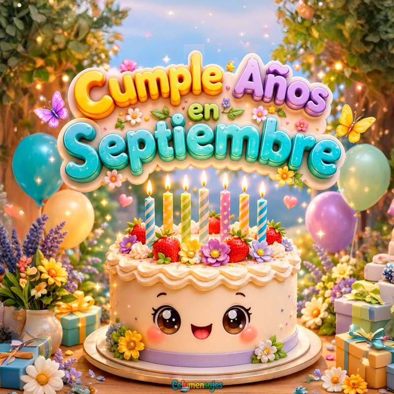 Pastel Kawaii Cumpleaños en Septiembre con Velas y Flores