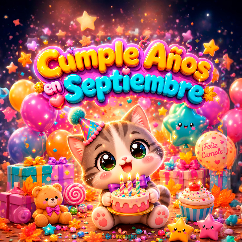 Gatito con Pastel Cumpleaños en Septiembre y Globos