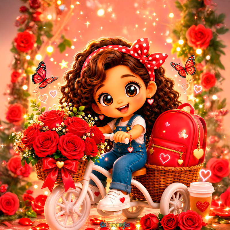 Niña en Triciclo con Cesta de Rosas Rojas y Mochila