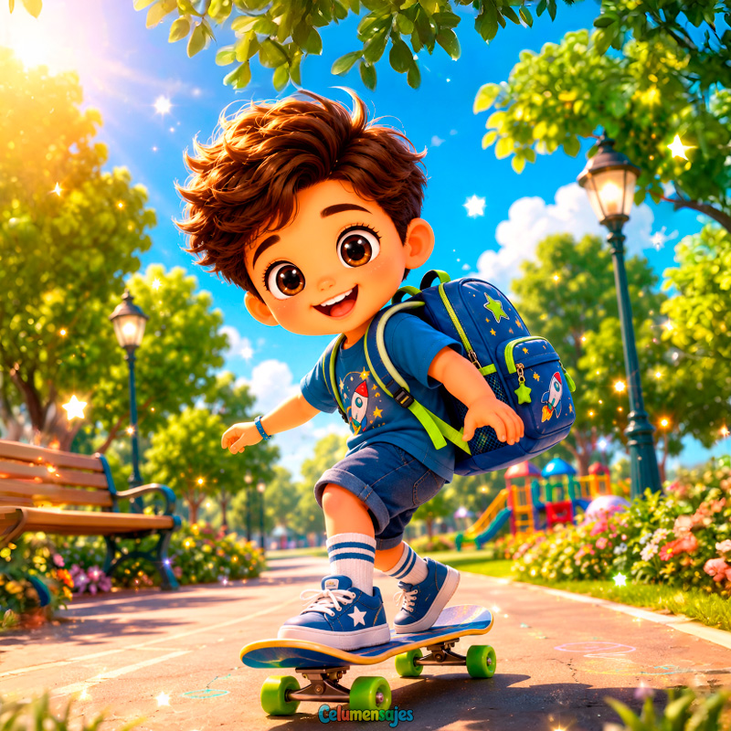 Niño en Patineta con Mochila Espacial en el Parque