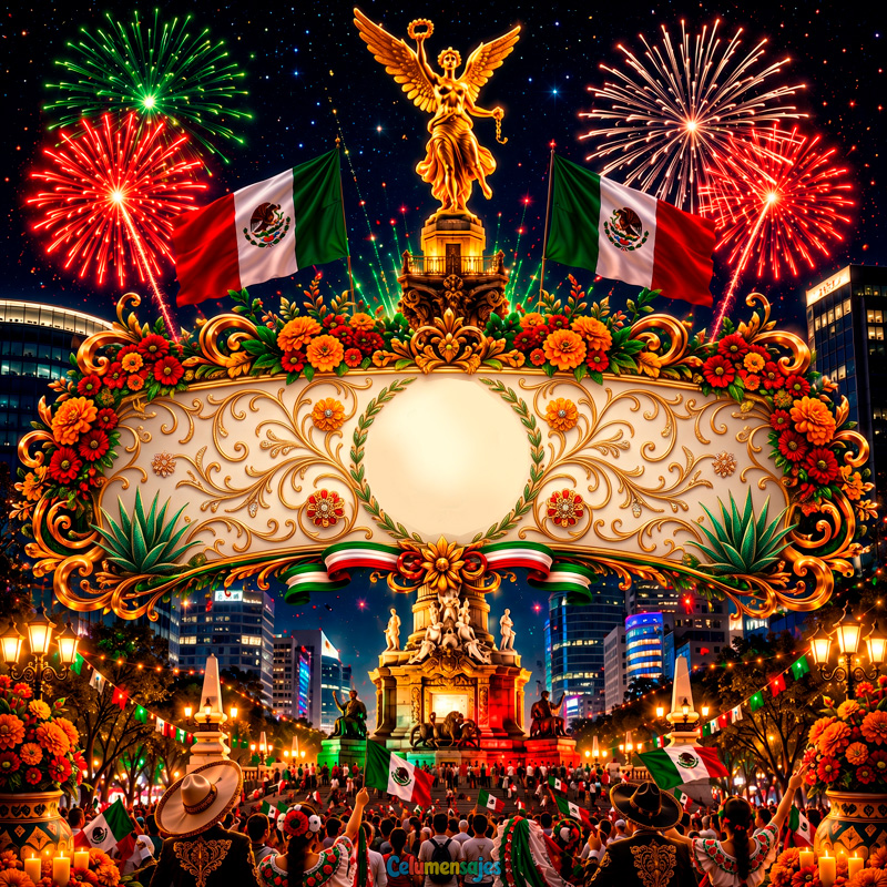 Ángel de la Independencia con Marco Floral y Fuegos Artificiales