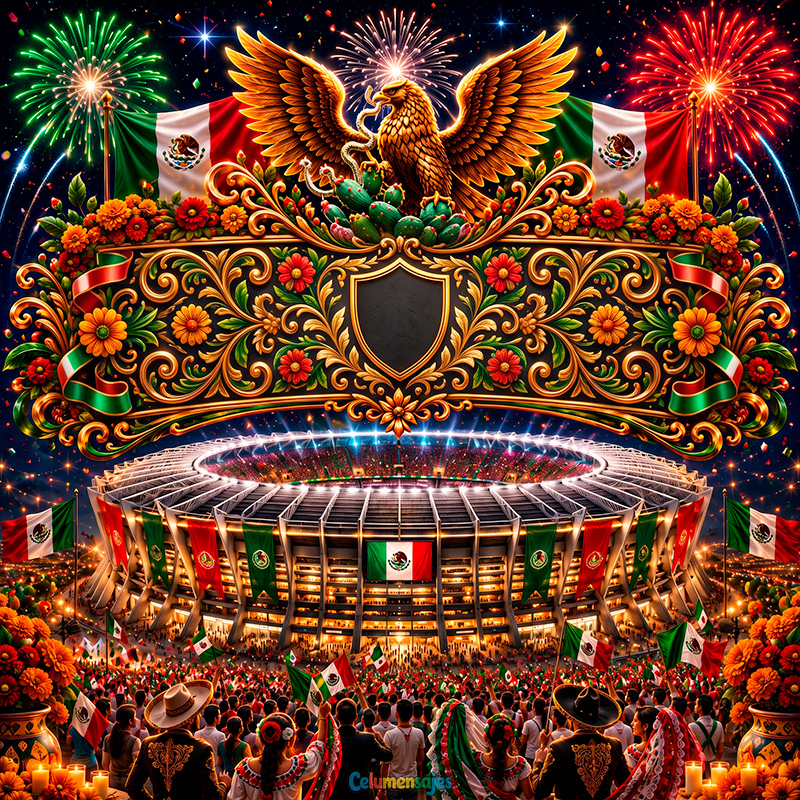 Estadio Azteca Fiesta Mexicana con Águila Real y Escudo