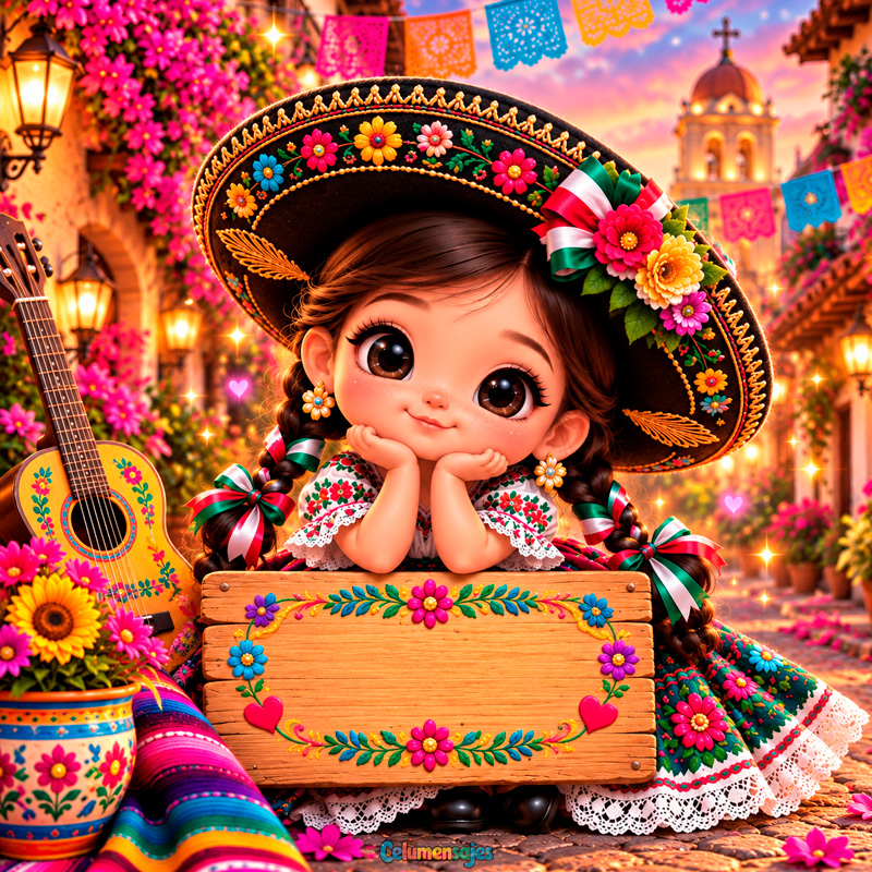 Niña Mexicana con Sombrero Charro y Letrero de Madera