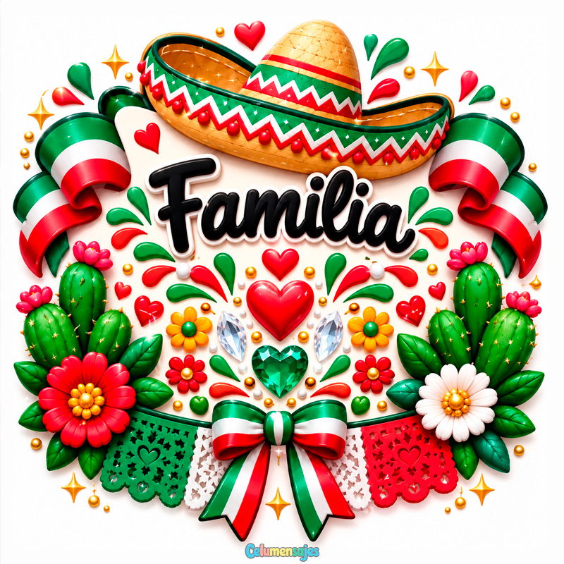 Emblema Mexicano con Sombrero Charro, Cactus y Flores Familia