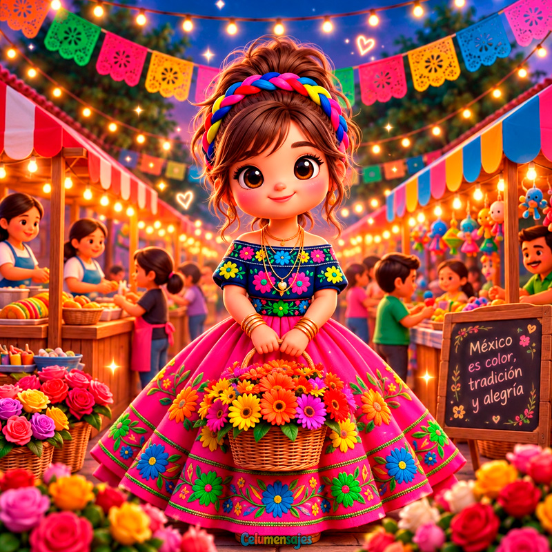 Niña Mexicana en Mercado Tradicional con Canasta de Flores