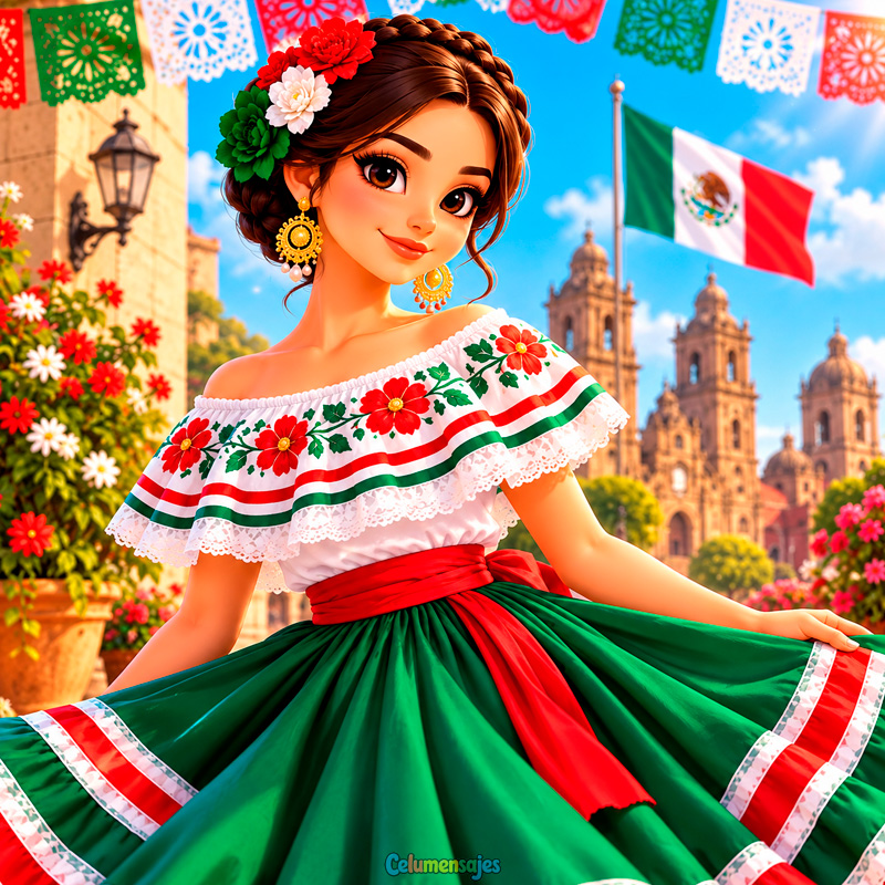 Mujer Mexicana con Traje Folclórico y Bandera Nacional