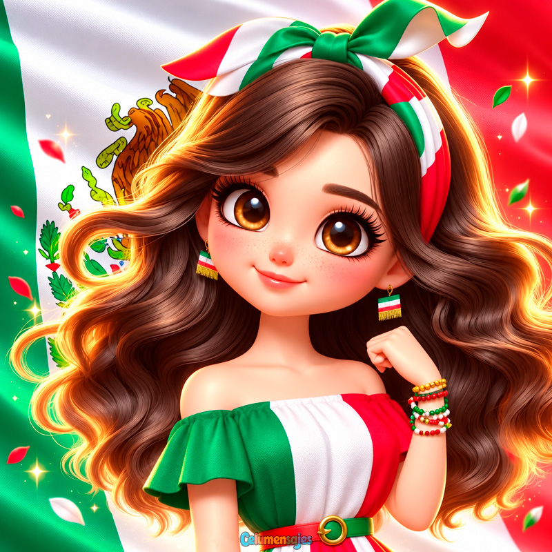 Chica Mexicana con Bandera y Lazo Tricolor