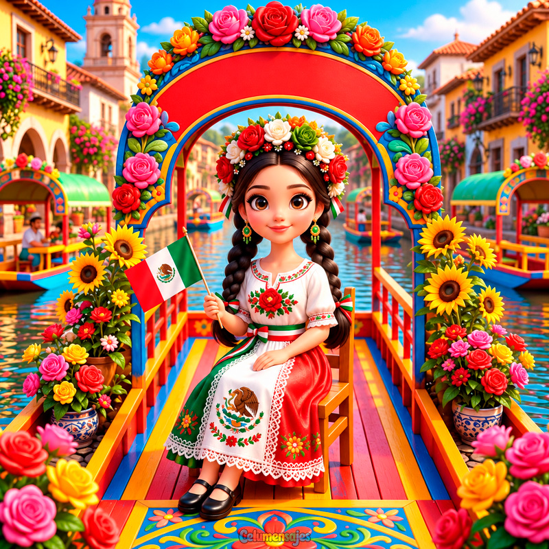 Niña en Trajinera de Xochimilco con Corona de Flores