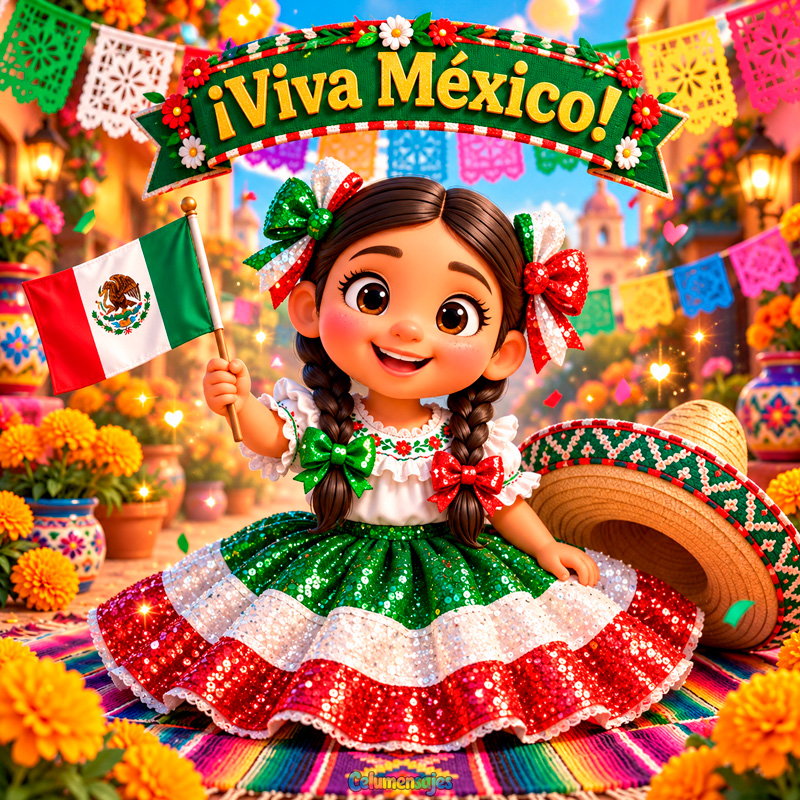 Niña Mexicana Viva México con Sombrero Charro y Banderita