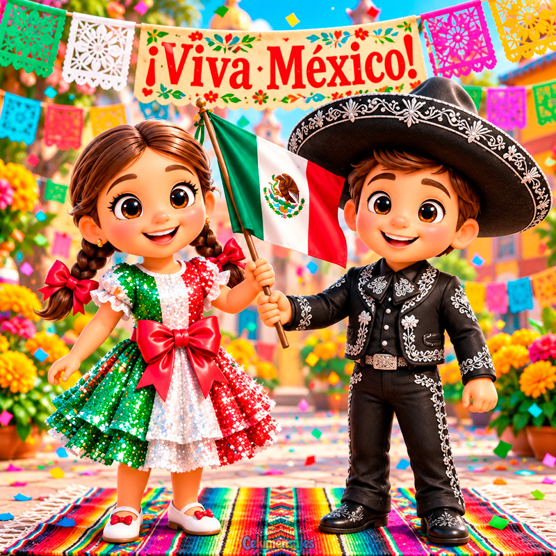 Niños con Traje Típico Viva México y Bandera Nacional
