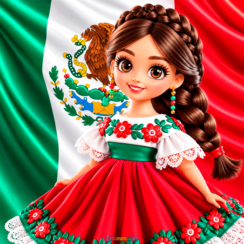 Niña Mexicana con Vestido Rojo y Bandera Monumental