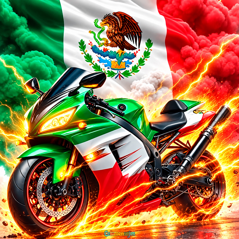Moto Deportiva Mexicana con Humo Tricolor y Relámpagos