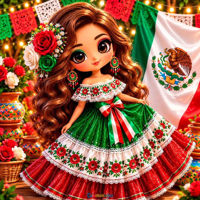 Muñeca Mexicana con Gran Vestido Tricolor y Rosas