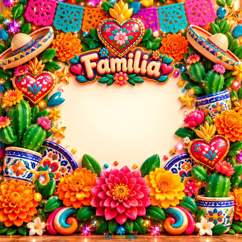 Marco Mexicano Tradicional con Cactus, Flores y Familia