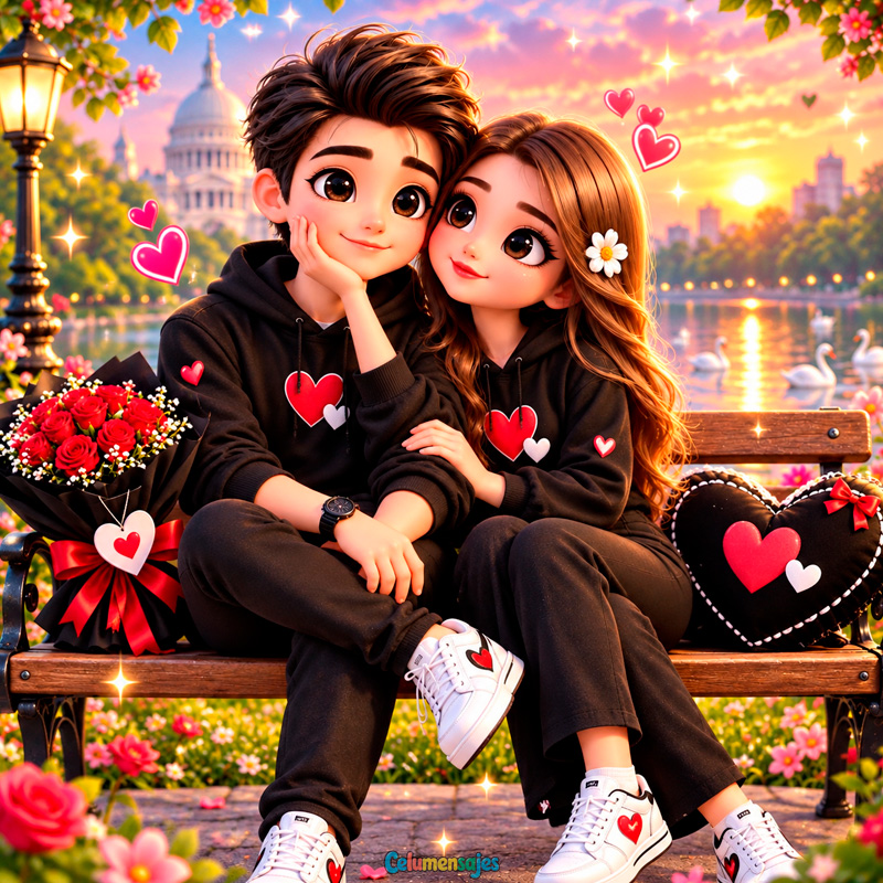 Pareja Romántica en Parque al Atardecer con Ramo de Rosas
