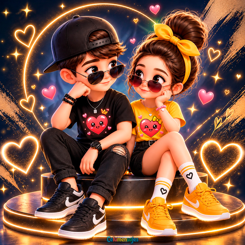 Pareja Juvenil Sentada con Fondo de Corazón Dorado Luminoso