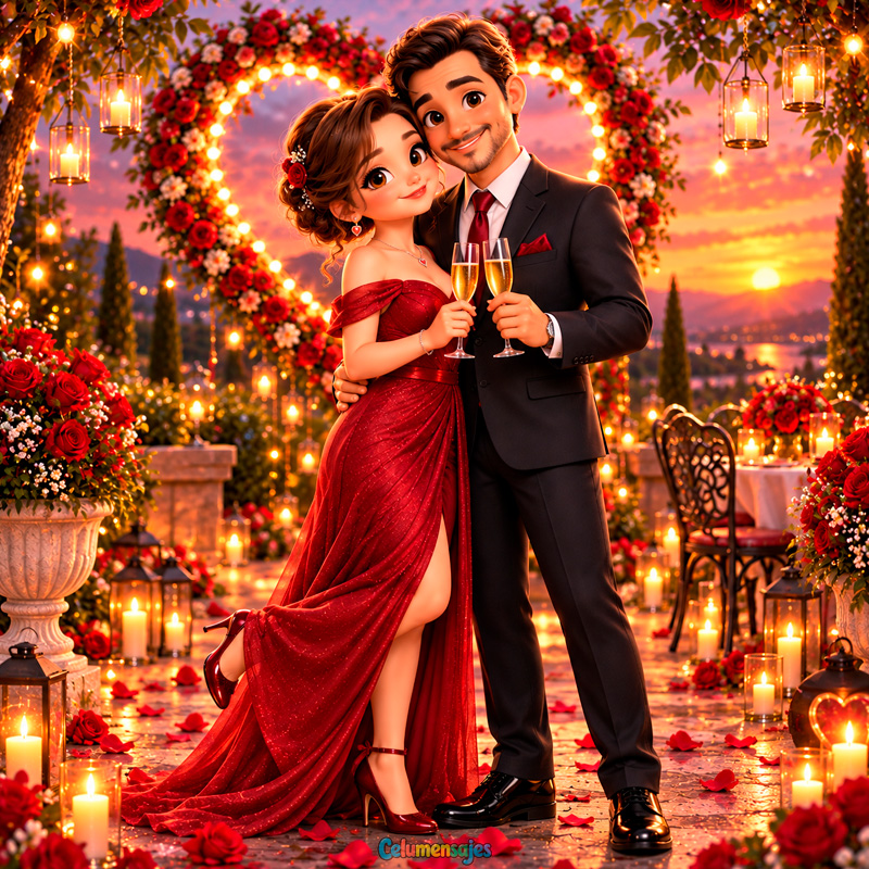 Pareja de Gala Brindando con Vestido Rojo y Corazón Floral