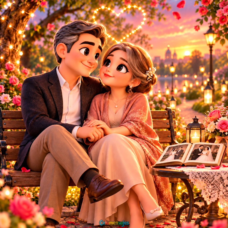 Pareja en Banca de Jardín con Faroles y Álbum de Recuerdos