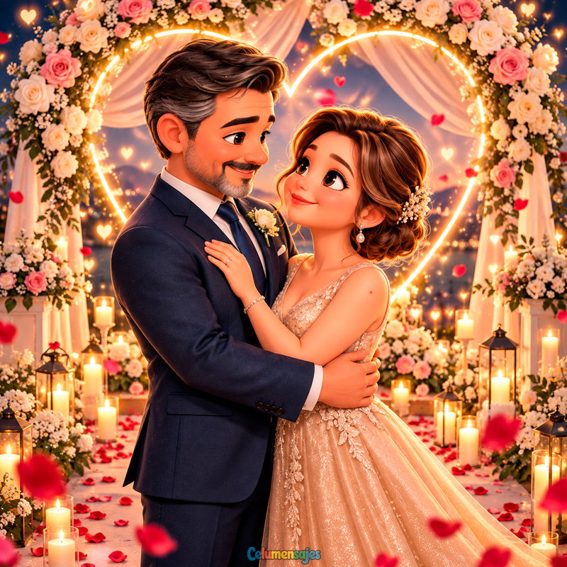 Pareja de Bodas Abrazada bajo Arco Floral Luminoso