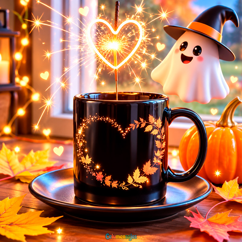 Taza Negra de Otoño con Fantasmita y Corazón de Luces