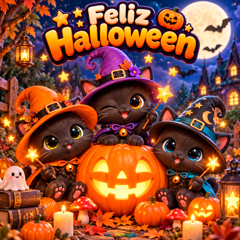 Gatitos Brujitos Feliz Halloween con Calabaza y Varitas
