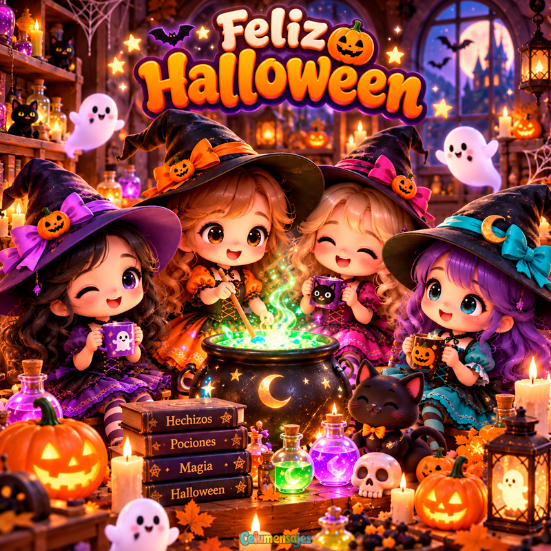 Niñas Brujitas con Caldero Mágico Feliz Halloween