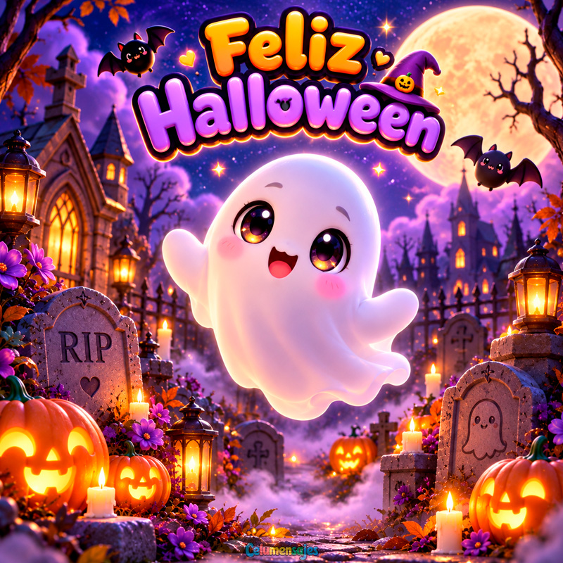 Fantasmita Tierno en Cementerio Iluminado Feliz Halloween