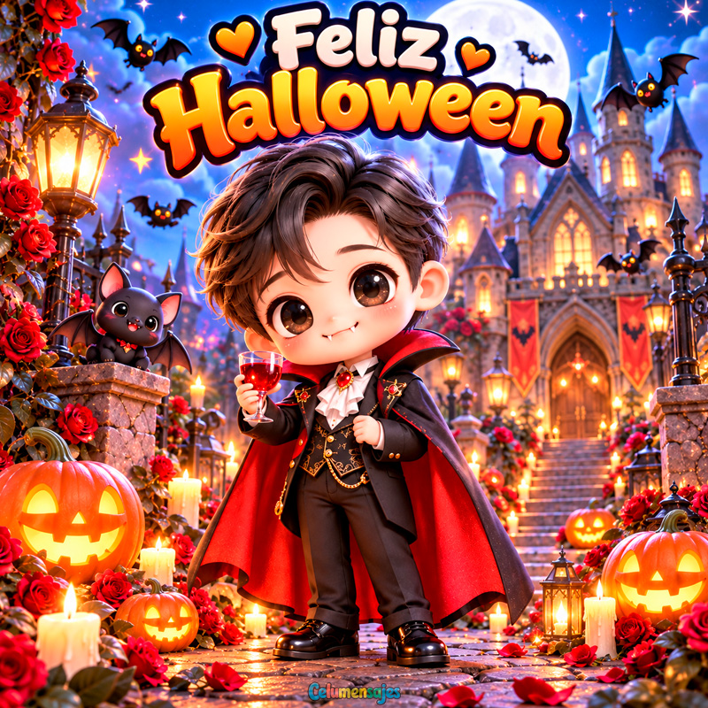 Niño Vampiro Elegante frente a Castillo Encantado Feliz Halloween