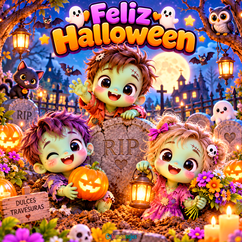 Niños Zombis Tiernos en Cementerio Feliz Halloween