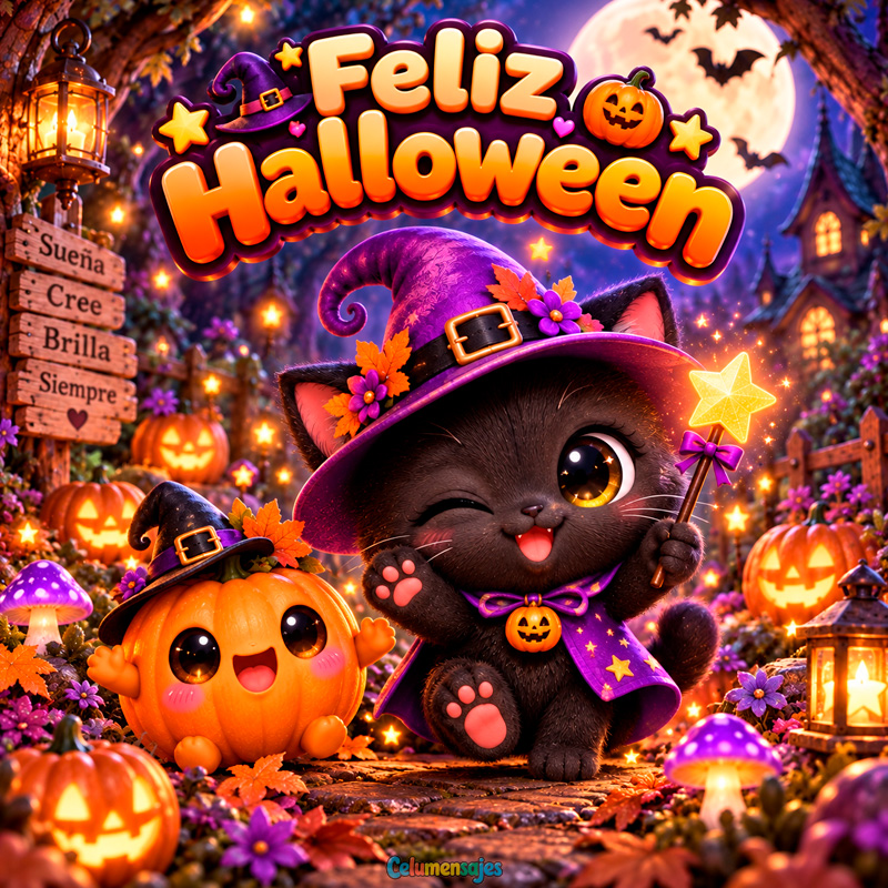 Gatito Brujito con Calabaza Kawaii Feliz Halloween