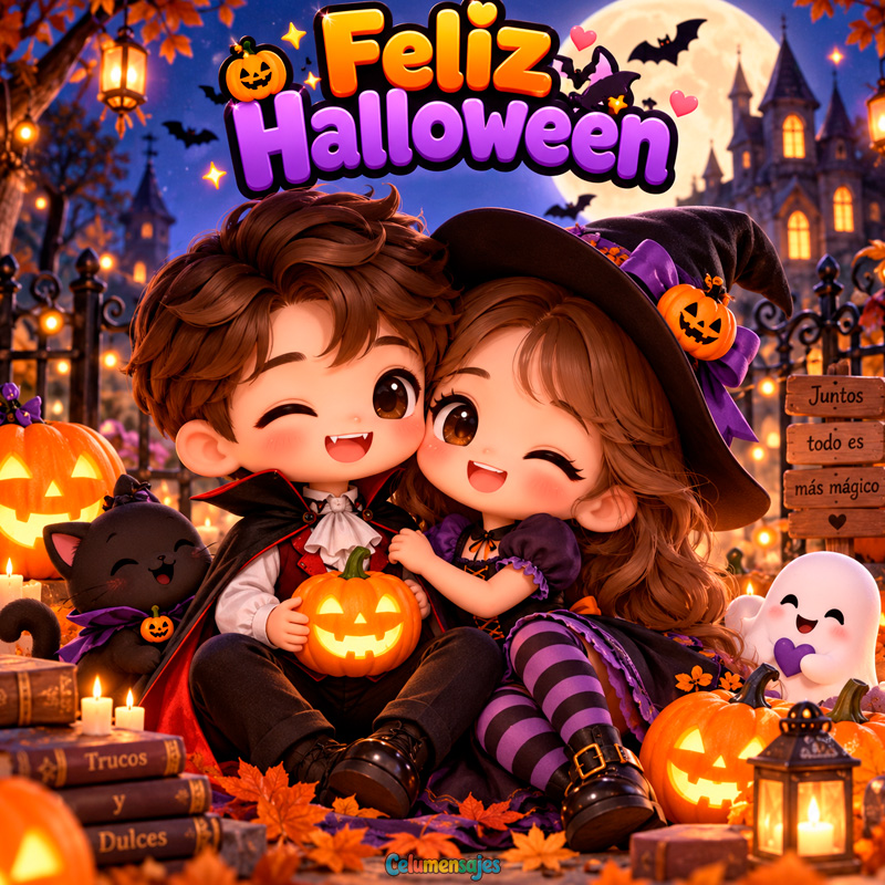 Pareja de Vampiro y Brujita con Calabaza Feliz Halloween