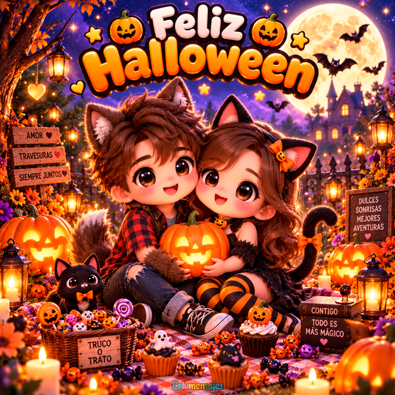 Pareja Disfrazada de Lobito y Gatita Feliz Halloween