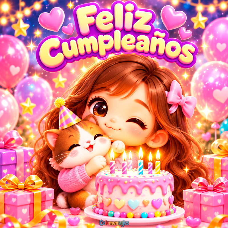 Niña con Gatito y Pastel de Cumpleaños Rosa