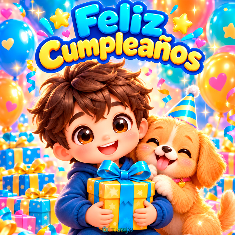 Niño con Cachorrito Tierno y Regalo de Cumpleaños