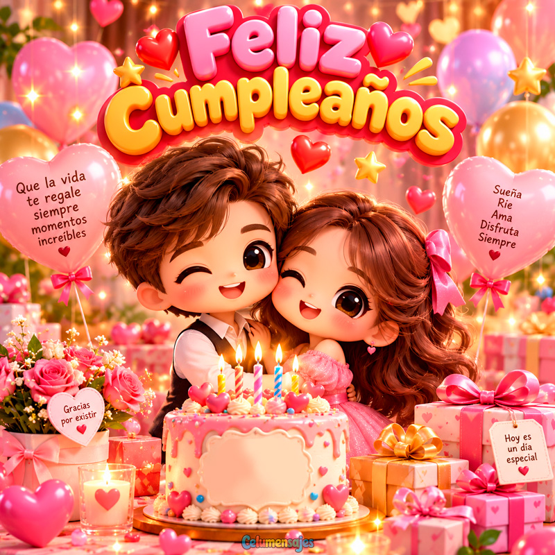 Pareja Romántica Feliz Cumpleaños con Pastel y Globos de Corazón