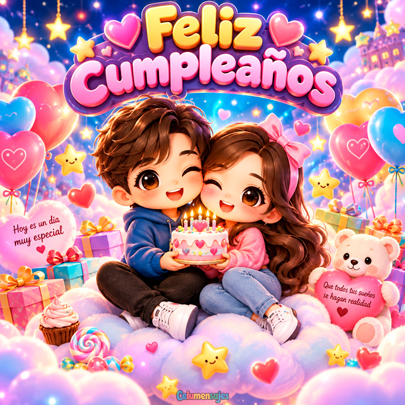 Pareja en las Nubes Feliz Cumpleaños con Pastel y Osito
