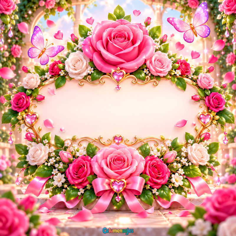 Marco de Rosas Rosadas y Mariposas Brillantes