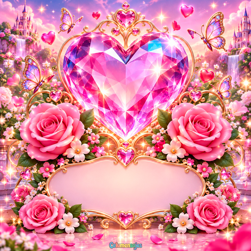 Corazón Diamante con Mariposas y Rosas Rosadas