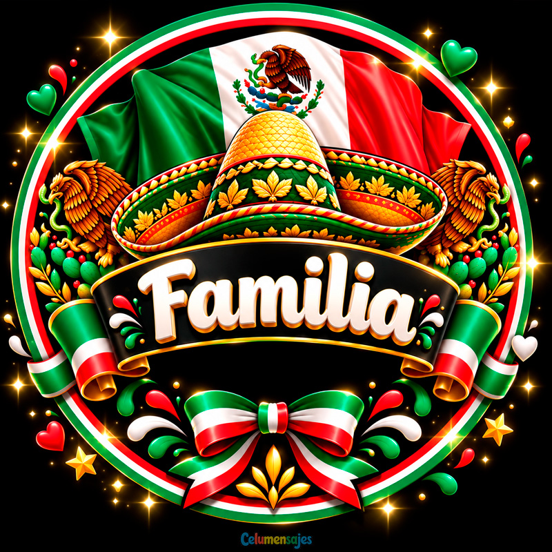 Emblema Redondo Familia con Sombrero Charro y Bandera Mexicana