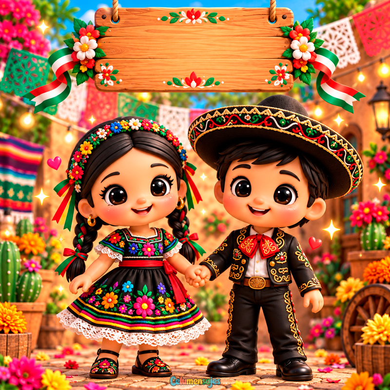 Pareja Infantil Tradicional Mexicana con Letrero de Madera