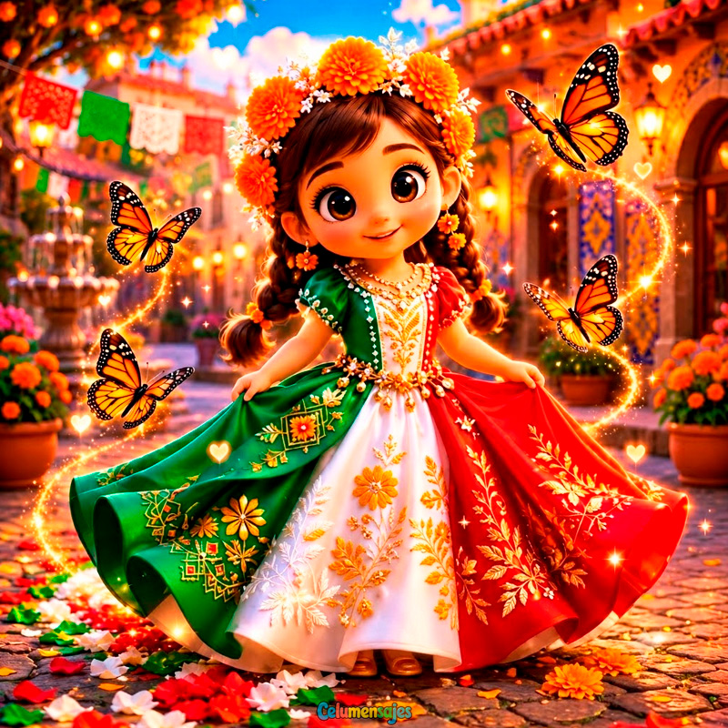 Niña Mexicana con Vestido Tricolor y Mariposas Monarca