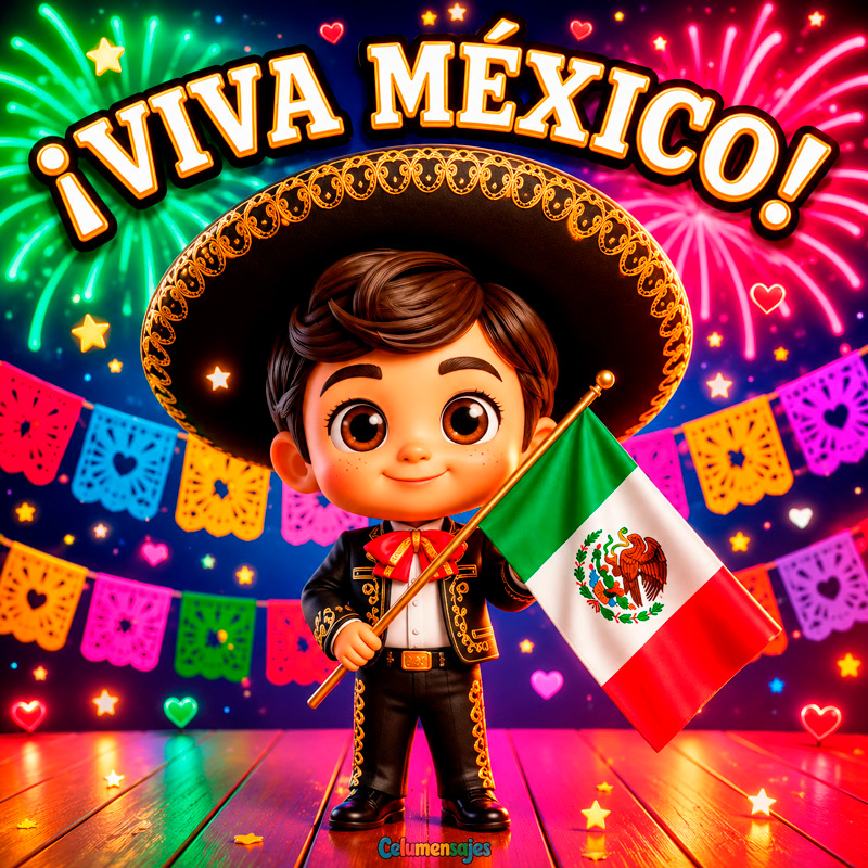 Niño Charro Viva México con Bandera Nacional y Fuegos Artificiales