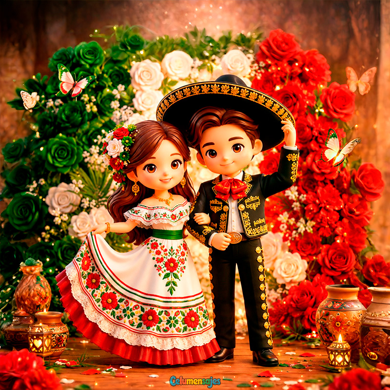 Pareja de Charro y Dama Mexicana entre Rosas Tricolor