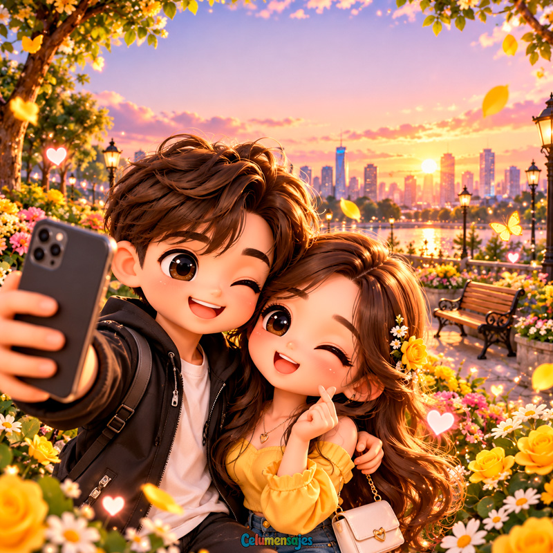 Pareja Tomando Selfie entre Flores Amarillas al Atardecer
