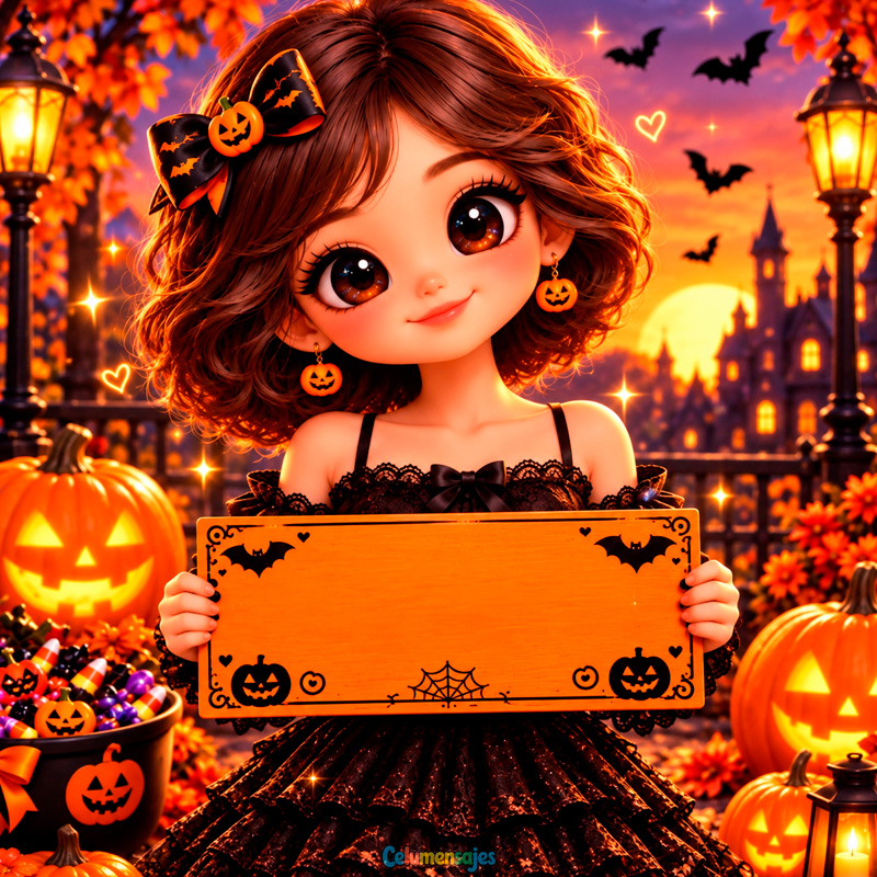 Niña Brujita con Letrero de Madera y Calabazas de Halloween