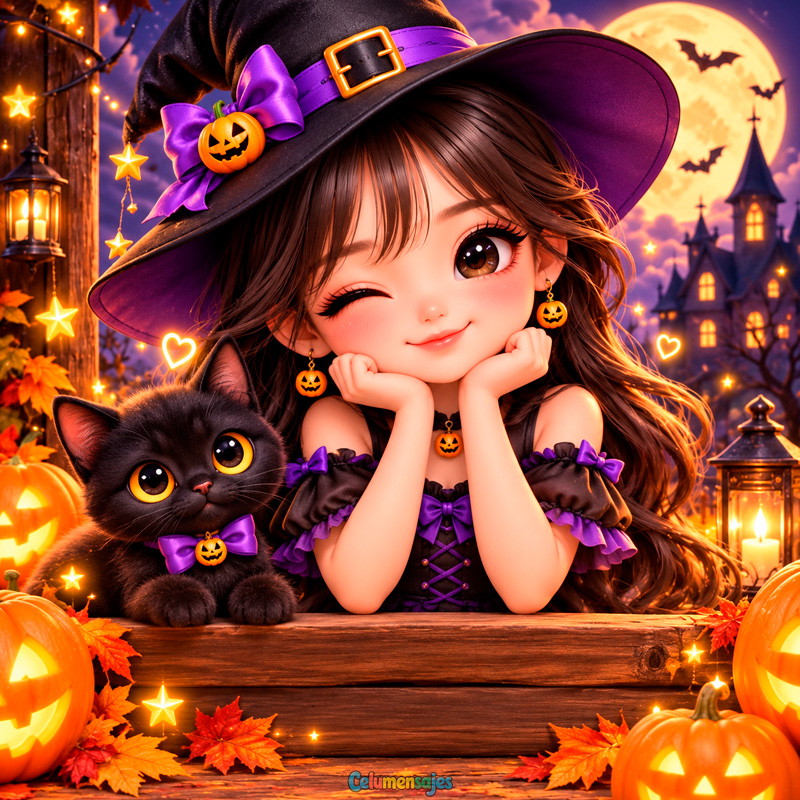 Niña Brujita con Gatito Negro en Valla de Madera de Halloween