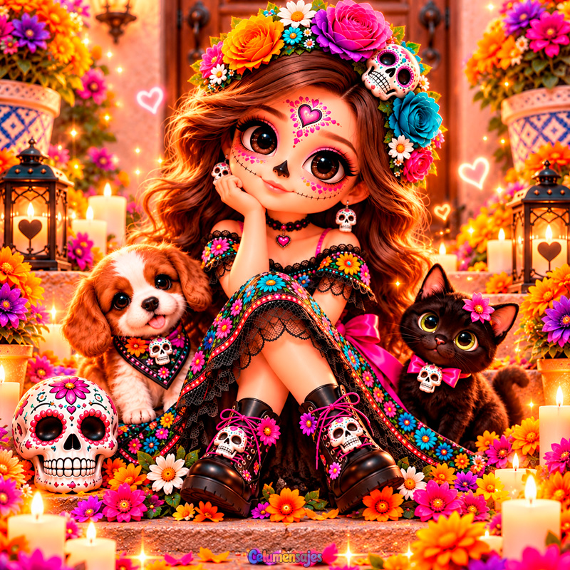 Niña Catrina con Mascotas y Flores de Día de Muertos