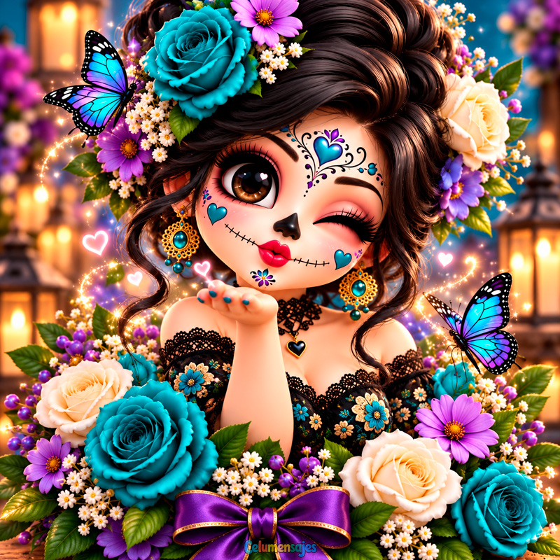 Catrina Elegante con Rosas Azules y Mariposas Mágicas